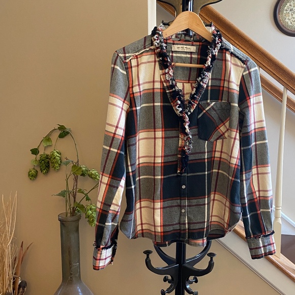 We The Free Always Forever Plaid Fringe Collar Button Up Top Size Small - Picture 3 of 15